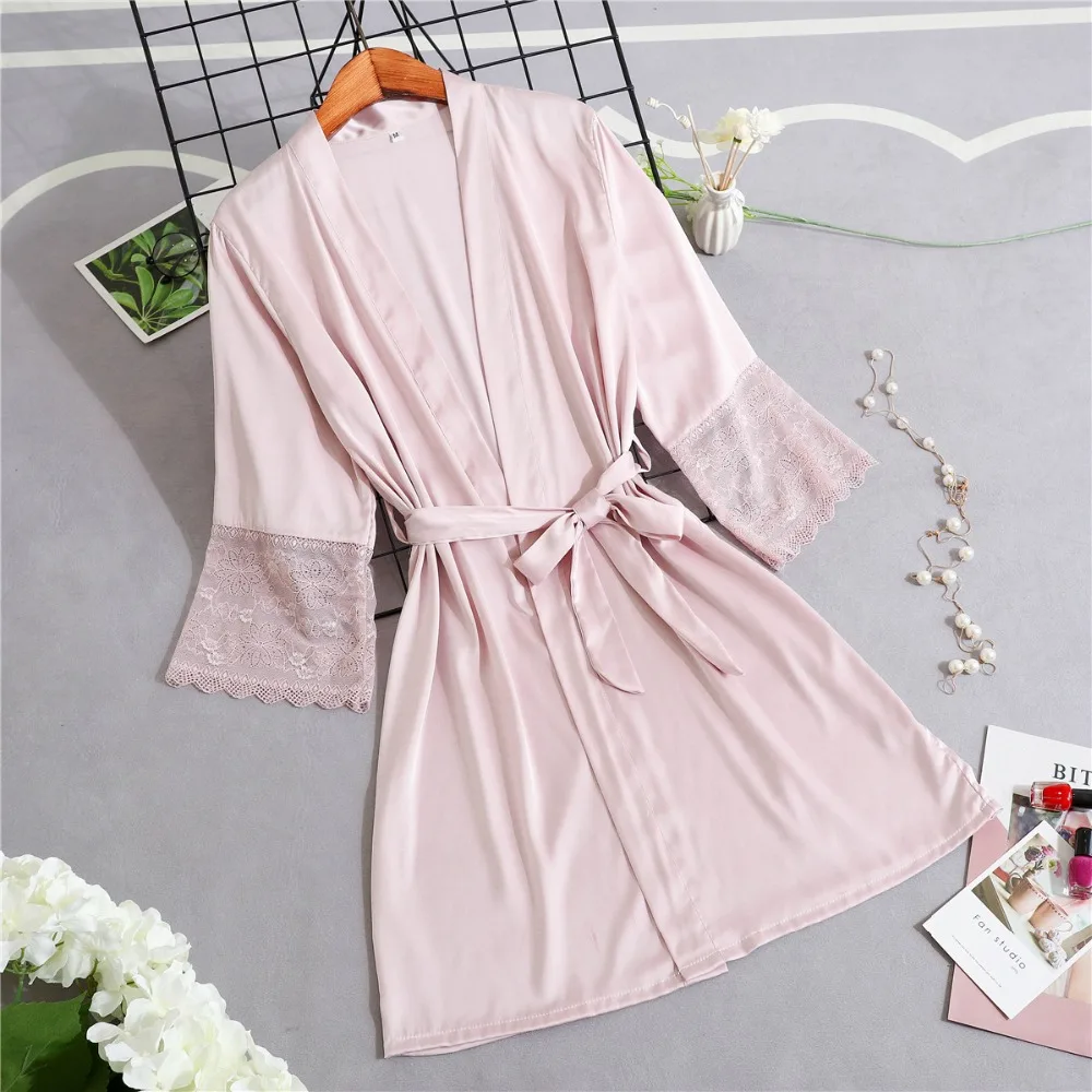 

Women Silk Satin Short Night Robe Kimono Sexy Lace Trim Bathrobe Peignoir Bride Bridesmaid Pink Dressing Gown Lingerie Bath Robe