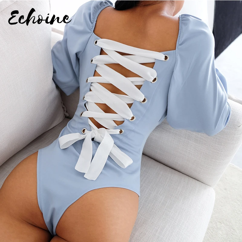 Sexy Backless Panelled Lace Up Square Collar Lolita Style Bodysuits Women 2019 Long Flare Sleeve Open Crotch Bodysuit Autumn |
