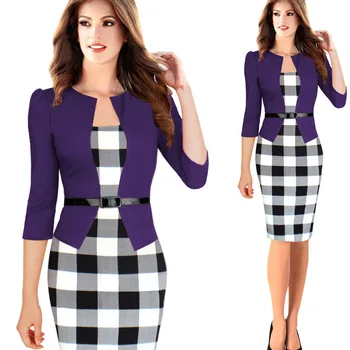 

Spring 2020 Elegant Women Set Dress Plaid Patchwork Office Ladies Dress High Waist Slim Knee-length Dress Fashion Women Clothes
