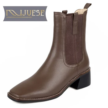 

MLJUESE 2021 women ankle boots soft Cow leather winter short plush slip on square toe high heels female Chelsea boots size 34-40