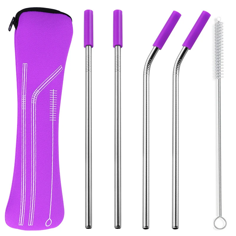 purple 4pcs 1 Набор, многоразовые соломинки из нержавеющей стали, прямые согнутые соломинки для питья с силиконовыми наконечниками, металлические соломинки для горячих и холодных напитков - Цвет: purple 4pcs