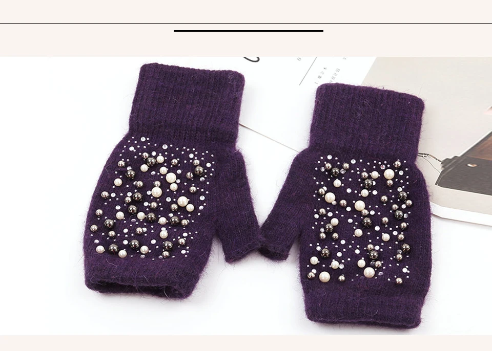 Geebro Women Fingerless Winter Gloves Knit Rabbit Fur Pearl Beaded Glove Female Autumn Mitten Half Finger Warm Rhinestone Gloves