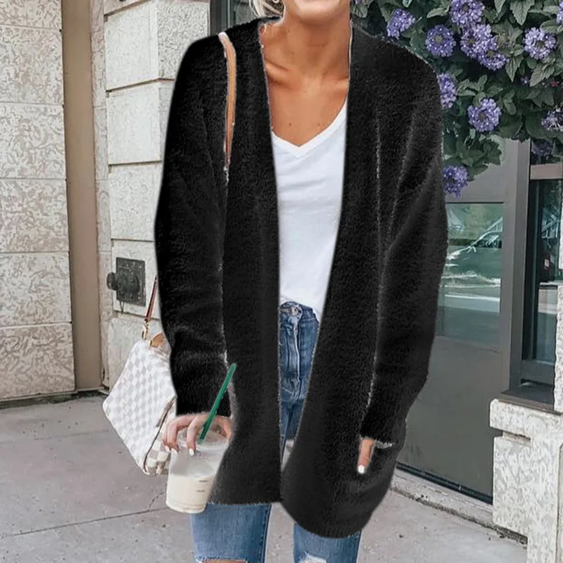 Женская мода осень-зима плотый вязаный кардиган пальто женские плюшевые теплое с длинными рукавами верхняя одежда длинные пальто Новинка