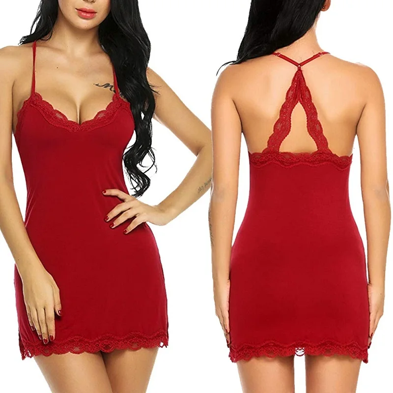 Nightgown Women Casual Soft Spandex Lace Sleepwear Dress Solid V Neck Sleeveless Sling Nightdress Female Nighties Nightwear - Цвет: red