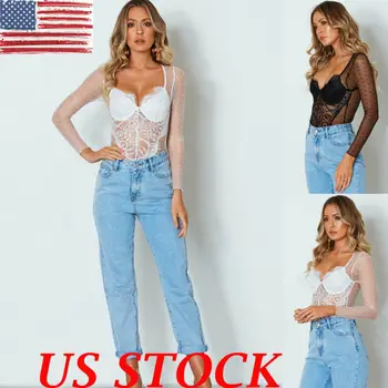 

Women Deep V Neck Mesh Lace Bodysuit Lingerie Stretch Leotard Jumpsuit Tops Club