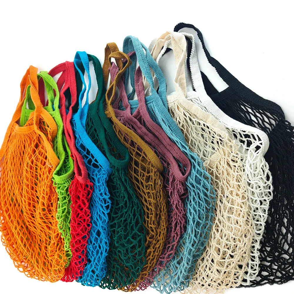 Bolsas de comestibles reutilizables portátiles, bolsa de frutas y verduras, cadena de malla de algodón lavable, organizador orgánico, bolso, bolso de mano con asa larga, bolso de red