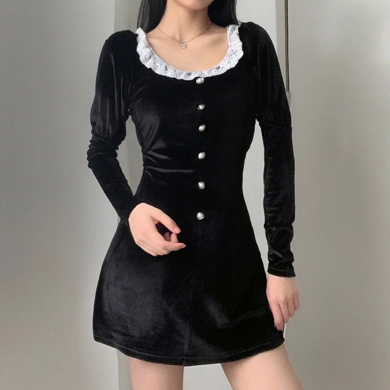 Black Retro Women Party Dress 2020 Autumn Lady Lace Patchwork Button Empire O Neck Mini Long-sleeve Elegant Dresses Vestidos