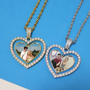 

D&Z Custom Photo Pendant For Lovers Anniversary Heart Shape Double-sided Rotat Iced Out Bling CZ Cubic Zirconia Pave Setting