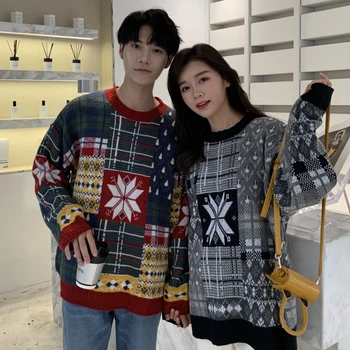 

Lovers Snowflake Christmas Sweaters Men Casual O Neck Pullover Male Autumn Jumper Winter Warm Knitwear Sueter Top