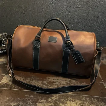 

Xiao.p New Crazy Horse Pu Leather Handbags for Men Travel Duffel Bag Portable Single Shoulder Bags Men's Fashion Carry On Bag