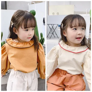 

Spring New Girls Korean Bubble Sleeve Shirt Yellow/beige Color Baby Girl Peter Pan Collar Blouses Tops Clothes Kids 1-6 Y Tees