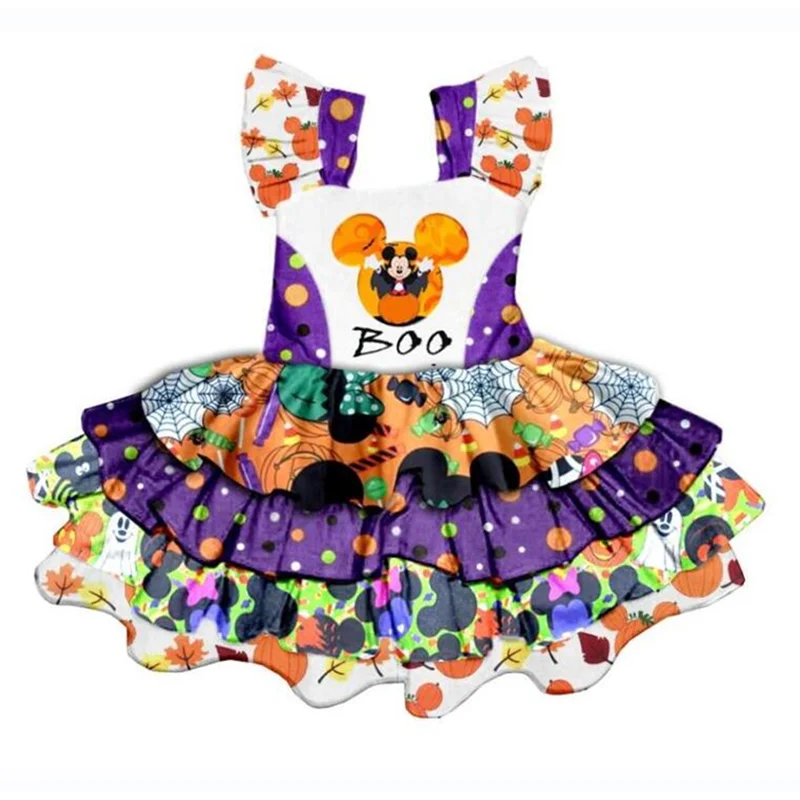 Летнее многослойное платье без рукавов фиолетового и оранжевого цвета платье с милым принтом для маленьких девочек