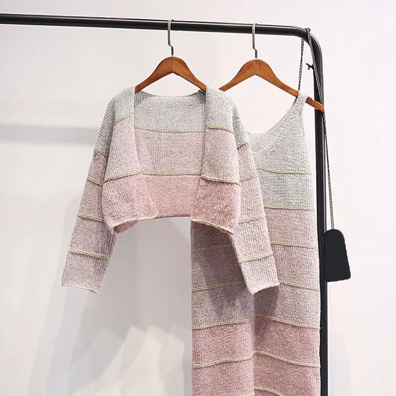 

Woman Fashion Sweater Jacket Straped Spaghetti Midi Dress Short Casual Two-Pieces Suits Sets Winter Autumn Sweater Dress