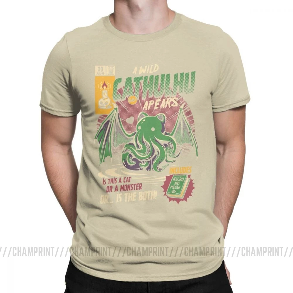 A Wild Cthulhu, футболки для мужчин, чистый хлопок, Повседневная футболка, кот, монстр, череп, Мультяшные топы, Милые Забавные футболки, Новое поступление - Цвет: Хаки