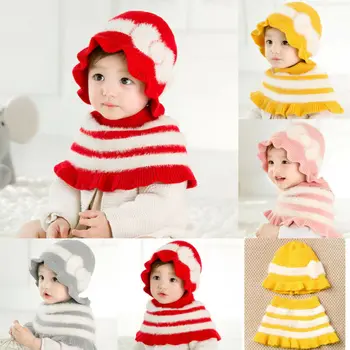 

2019 Wool Knit Scarf Hat Toddler Kids Girl Baby Infant Winter Plush Hat Cute Princess Newborn Outdoor Cap With Shawl