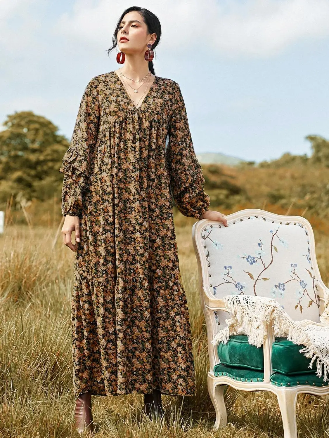 

2020 Autumn Plus Size Dresses For Women Casual Floral Print Elegant Boho Long Dress Ruffle Long-Sleeve V-Neck Sexy Party Robe