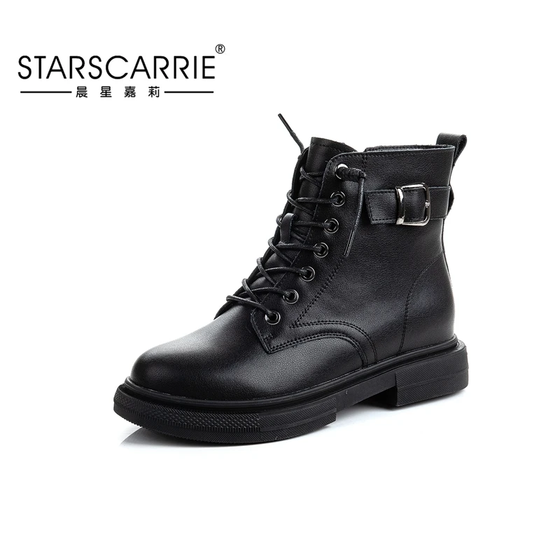 2020 Winter Fashion Women's Boots Lace Up Calf Round Head Women's Martin Boots Black Mid Heel Square Heel Women Shoes