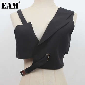 [EAM] Women Loose Fit Black Irregular Bandage Short Vest New V-collar Sleeveless Fashion Tide Spring Summer 2021 1DE0596 1
