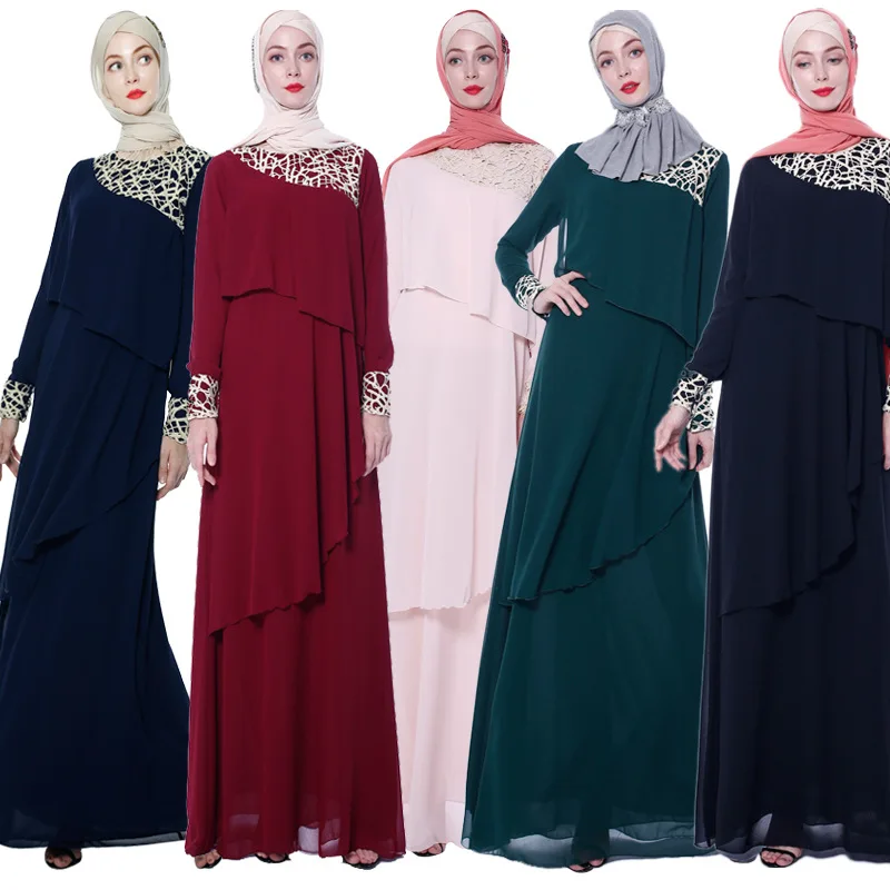 

2019 NEW high-end Muslim chiffon dress with an elegant lace patchwork dress