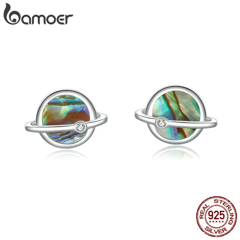 Коллекция bamoer Planet, серьги-гвоздики, Стерлинговое Серебро, 925 натуральный камень, раковина, Вселенная, серьги-гвоздики для женщин, модное ювелирное изделие BSE134