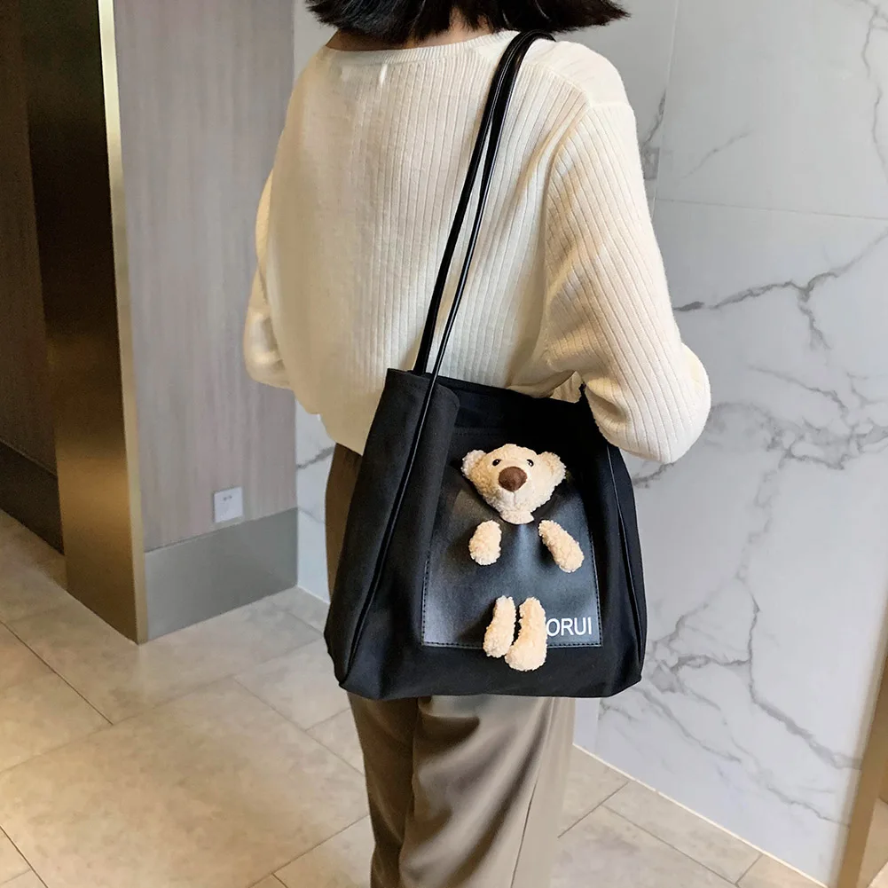 Sac à main en toile pour femmes, fourre-tout à la mode, décor de poupée d'ours, sac à bandoulière mignon, sac à poignée supérieure pour dames filles, Shopping quotidien