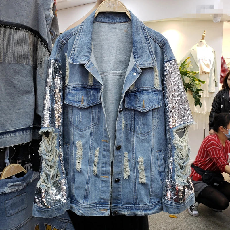 

Spring Women Loose Long Sleeve Denim Jacket Autumn Street Style Heavy Industry Sequins Frayed Single-breasted Lapel Solid Coat