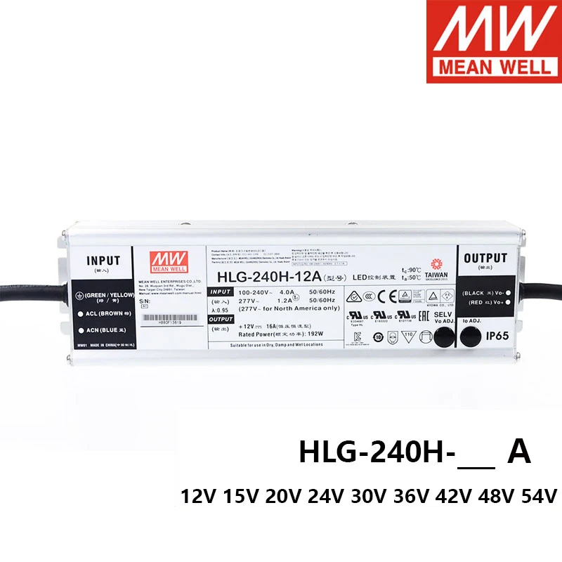 

MEAN WELL HLG-240H A Type 12V 15V 20V 24V 30V 36V 48V 42V 54V 240W IP67 Single Output Adjustable Switching Power Supply