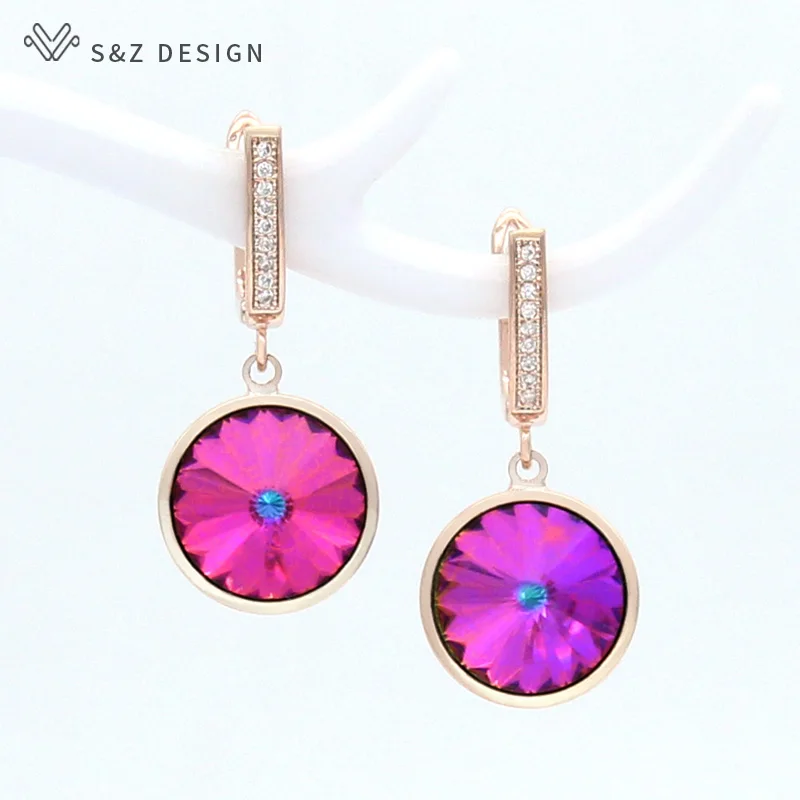S&Z DESIGN New Luxury Elegant Colorful Round Crystal Dangle Earrings For Women Wedding 585 Rose Gold Color Jewelry