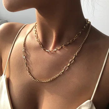 

N7548 New Style Punk Style Simple Necklace Cool Generous Metal Textured Double Layer cu lian Necklace INS