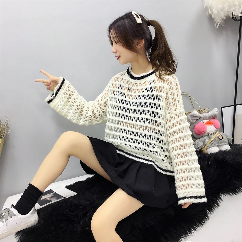 

Oversized Sweater Women Fall 2019 Korean Style Black White Stripe Patchwork See Through Hollow Out Pullover pull femme T352