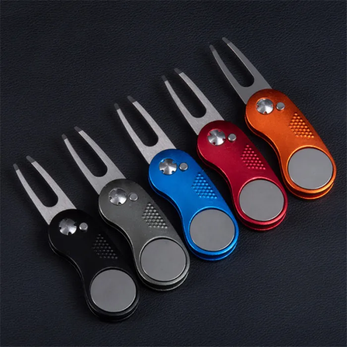 Metal Foldable Golf Divot Fork Tool with Button Magnetic Ball Marker Portable for Golf Club FDX99