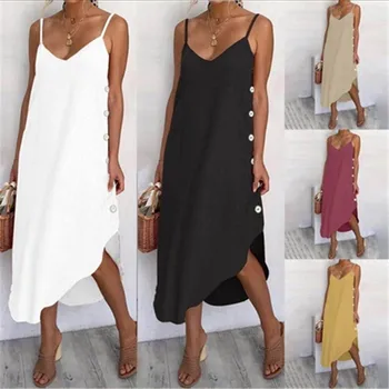 

2020 Europe and America New Style Camisole Button Solid Color Fashion Sexy Dress