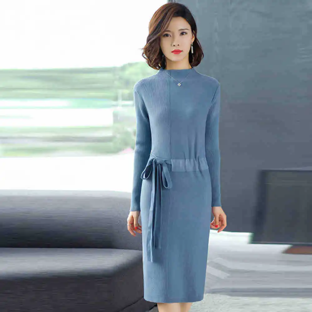

Long Sleeve Jersey Dress over-the-Knee Autumn And Winter Slimming Elegant Sweater Slim Fit Sheath Waist Hugging Western Style St