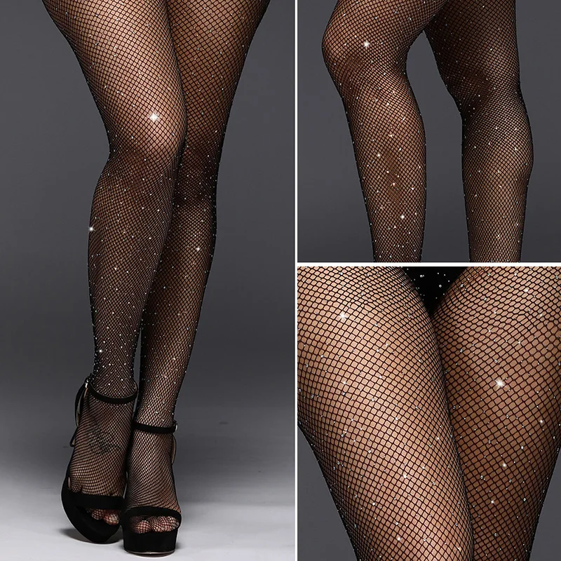 

Do re mi Sexy Rhinestone Fishnet Tights Elastic Transparent Stockings Sexy Knee Pantyhose Leggings Meia Ladies Sexy