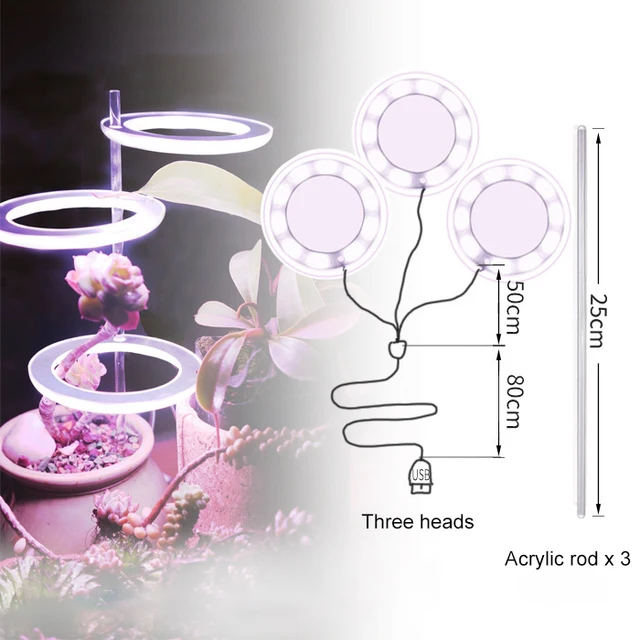 Angel Three Ring Grow Light DC5V USB Phytolamp For Plants Led Full Spectrum Lamp For Indoor Plant Seedlings Home Flower Succulet pink white 3 head