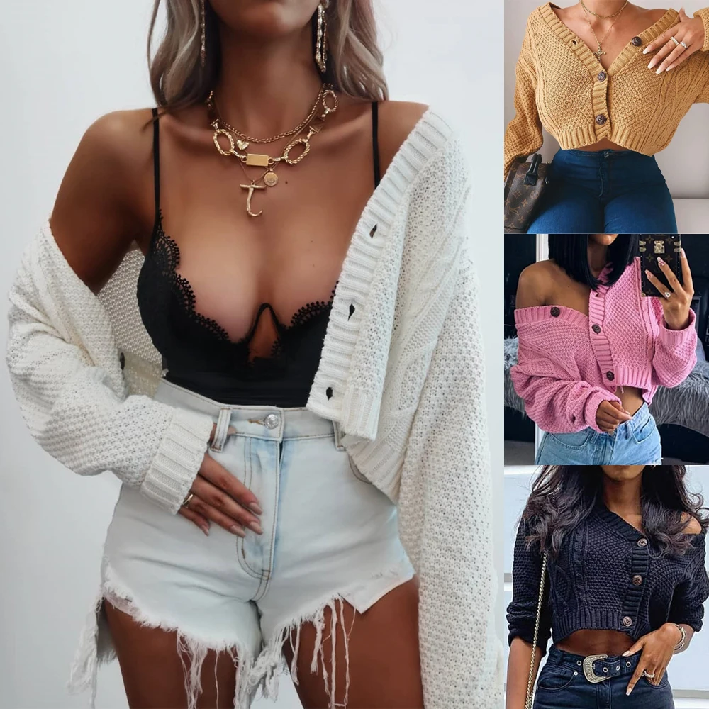 Women Knitted Cropped Cardigan Sweaters Female Short Coat V Neck Single Breasted Knitwear Spring Autumn Solid Shawl Jacket oversized sweaters