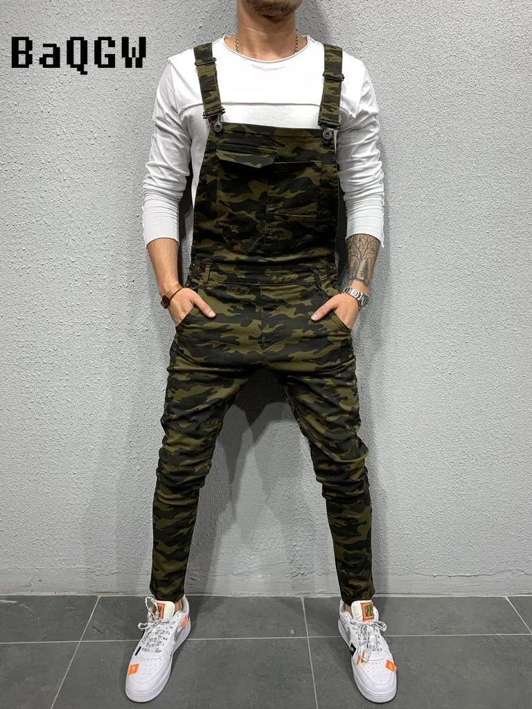 

Autumn New Fashion Men Overalls Jeans Camouflage Casual Stretch-fit Male Pleated Pocket Suspender Denim Pants Joggers Trousers