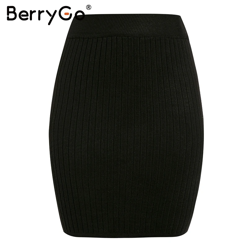 Черный BerryGo, элегантные, эластичные, вязаные юбки для женщин, шикарные, Осень-зима, теплые, прямые, женская юбка, в рубчик, одноцветные, короткие, женские юбки - Цвет: Черный