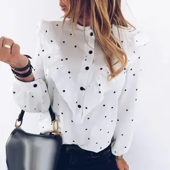 

Summer Blouse Women Office Lady Polka Dot Print Long Sleeve Blouse Cuff Tied Button Ruffled Shirt Female fashion shirt