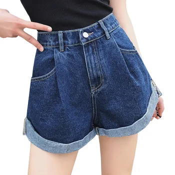 

Denim Shorts Women Summer 2019 New Flower Bud Shorts High Waist Loose Smoke Gray Wide Leg Cuffs Jeans