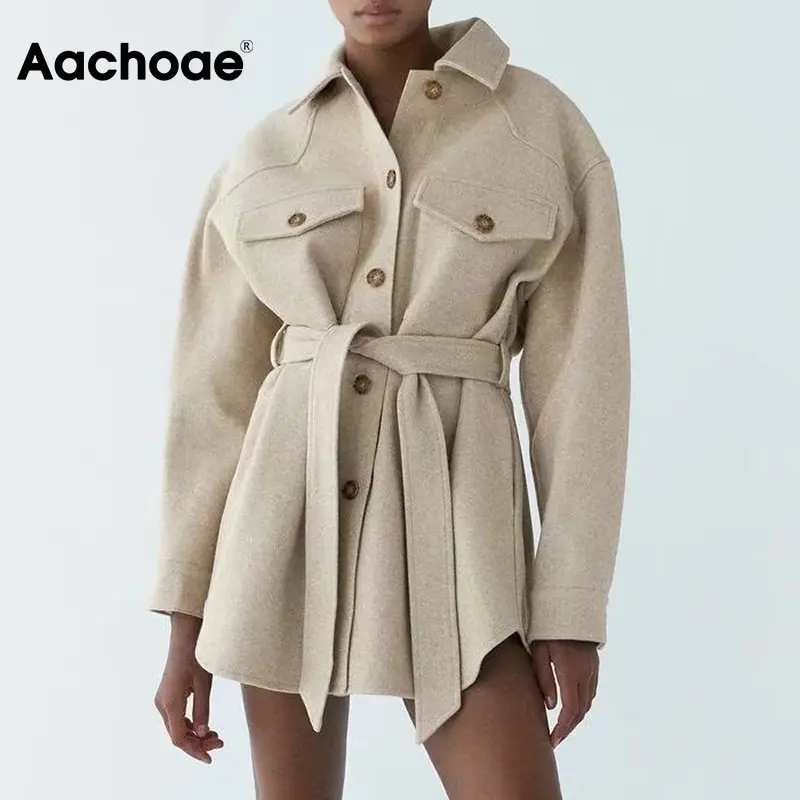 Aachoae Autumn Winter Women Chic Wool Coats With Belt 2021 Solid Long Sleeve Pockets Outerwear Turn Down Collar Elegant Coat