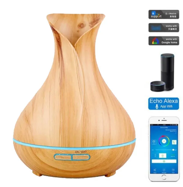 

400ml Smart Wifi Wireless Wood Grain Aroma Essential Oil Diffuser Compatible with Amazon Alexa Google Home for Home Bedroom