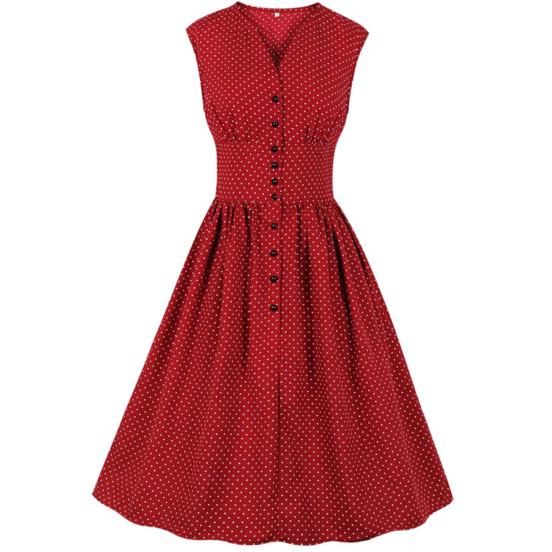 

Sleeveless, wavy, retro dresses with plunging necklines and buttons