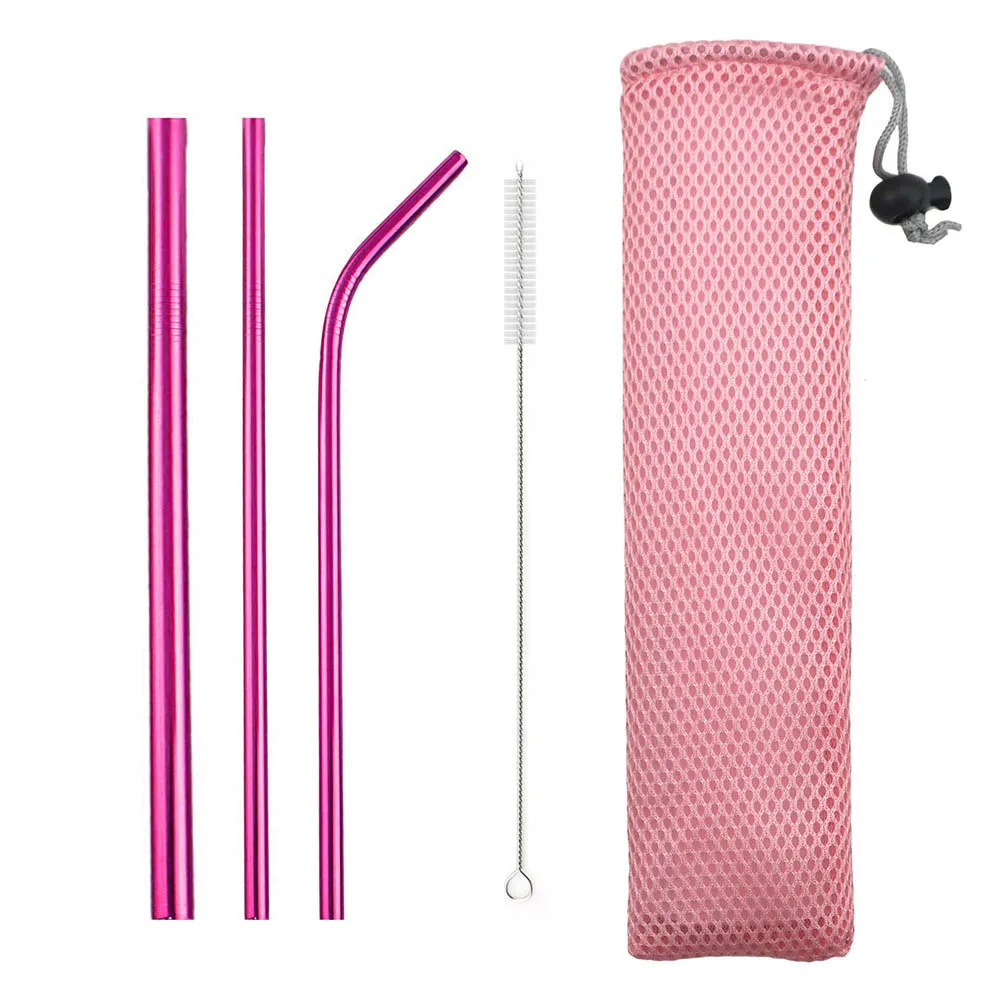pink 5pcs Metal Reusable Drinking Straws Set 18/10 Stainless Steel Straw Curved Straw for Smoothies Juice Tea with Cleaner Brush Bag - Цвет: pink