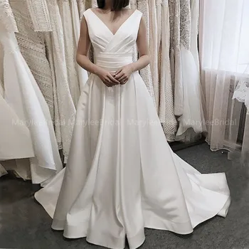 

Russian Wedding Dress Elegant V-neck Pleats Satin White Ivory Wedding Gown Robe De Mariee Draped Skirt Sweep Train Casual Dress