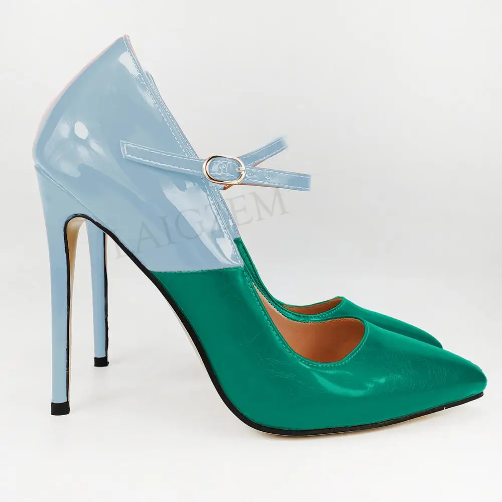 LAIGZEM/; женские туфли-лодочки Mary Jane на каблуке-шпильке в стиле пэчворк; классические модельные туфли; Tacones Zapatos; большие размеры 38, 45, 47 - Цвет: Green-Blue3