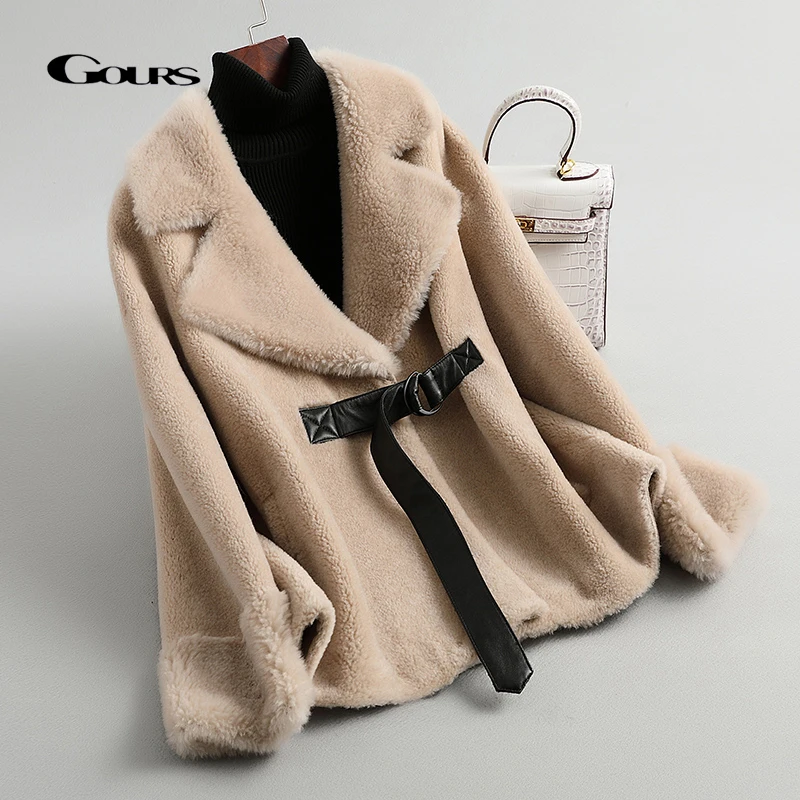 GOURS Winter Women Real Fur Coats and Jackets Natural Wool Clothes Beige Fashion Thick Warm Full Sleeve New Arrival LD903