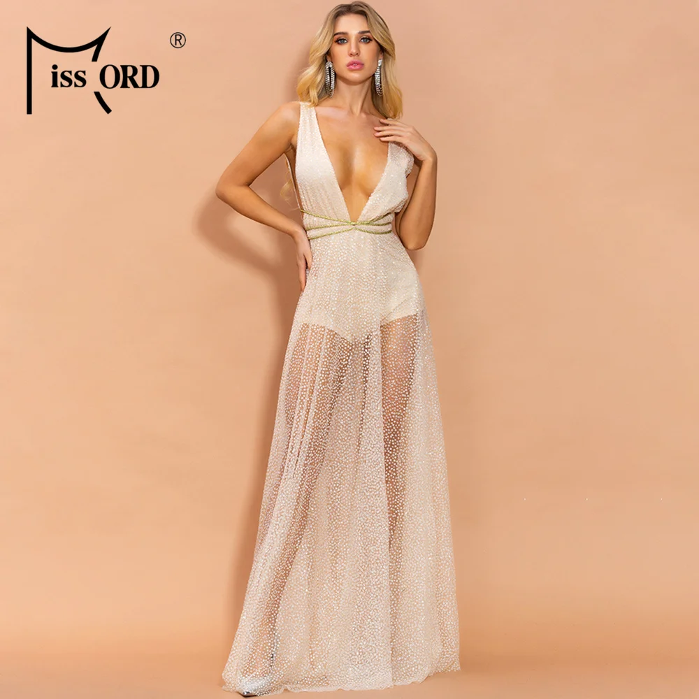 

Missord 2020 Women Sexy V Neck Off Shoulder Glitter Dresses Female Elegant Backless Maxi Dress FT19880