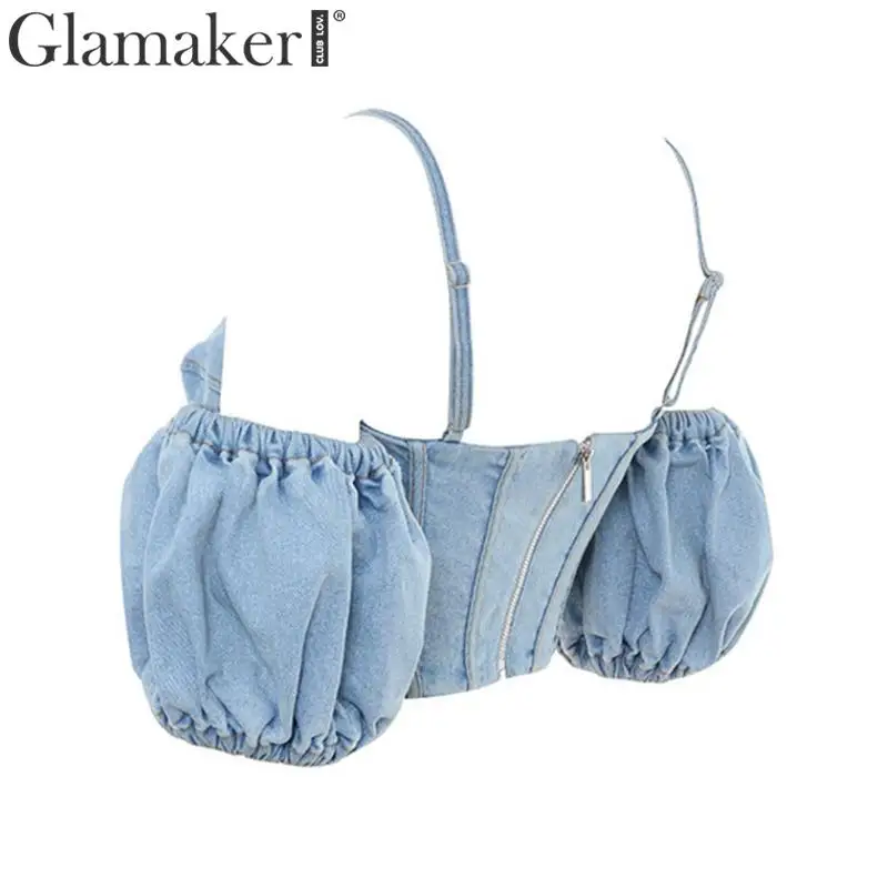 Glamaker Сексуальная джинсовая женская блузка Женский Топ Женская кружевная элегантная рубашка с пышными рукавами осенняя синяя Зимняя Блузка укороченная рубашка