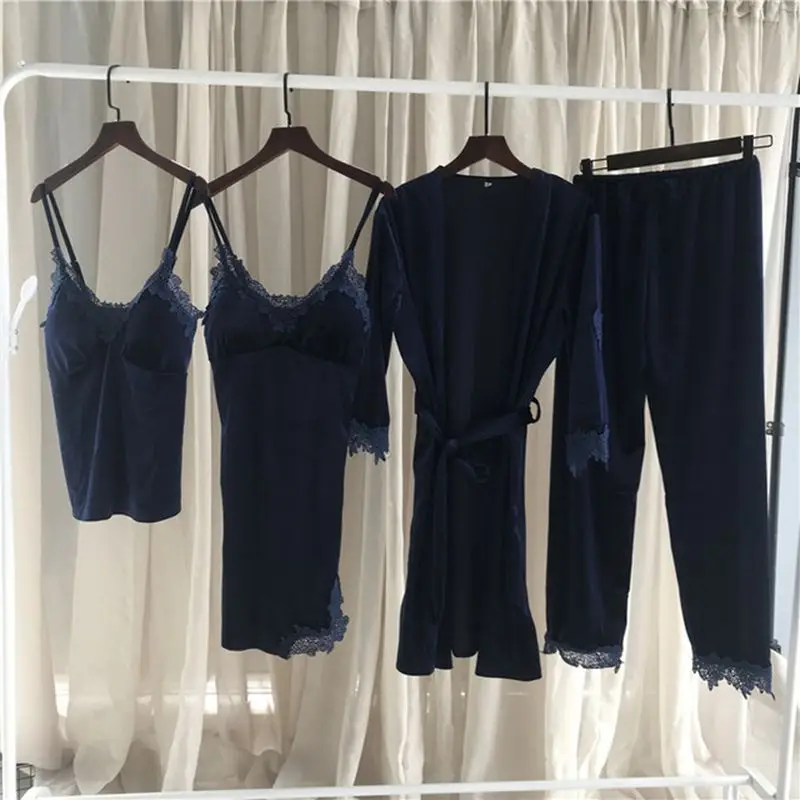 Home service four-piece pajamas women autumn and winter sling robe suit soft comfortable elegant nightgown 2019 | Женская одежда